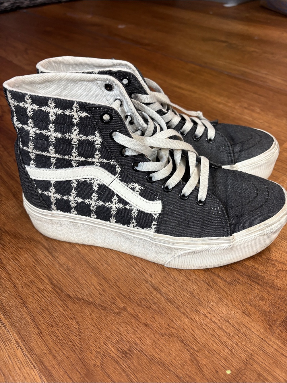 Vans Black and White High-Top Sneakers with Star Stitch Pattern